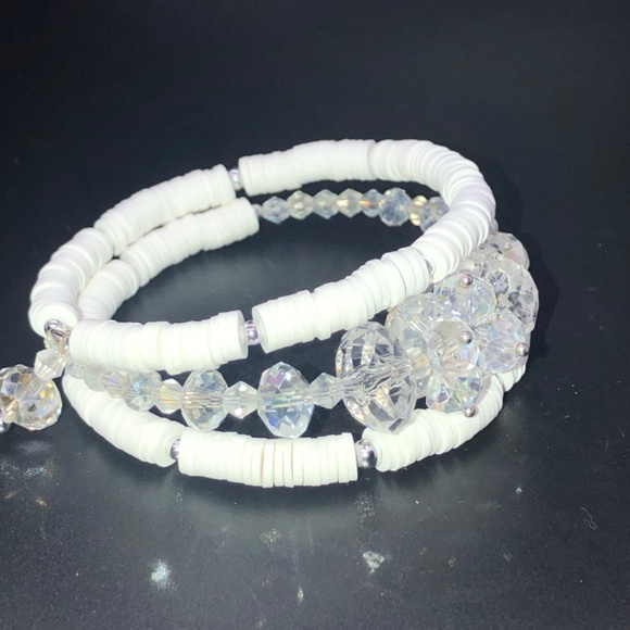 Hand Crafted Multi Clay Beads & Clear Crystals Coil Memory Wire Strand Bracelet - Picture 5 of 14